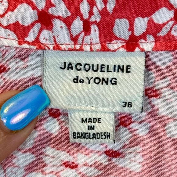 Jaquelin De Yong Red White Lightweight Front Button Up Waisted Tie Floral Dress - Picture 3 of 8
